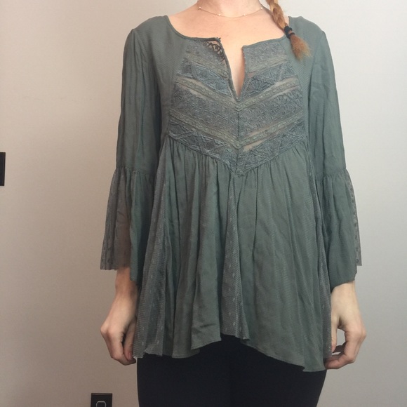 Free People Tops - Free People Green Lace Boho Bell Sleeve Shirt